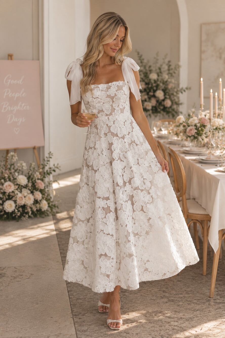 Petal Poise White 3D Floral Lace Midi Dress Tie Strap A-Line Mesh Overlay Dress